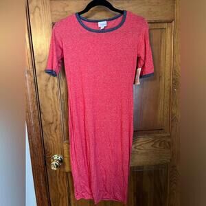 LuLaRoe Julia Pencil Dress Heathered Red Black Trim Knee Length Sheath XXS NWT